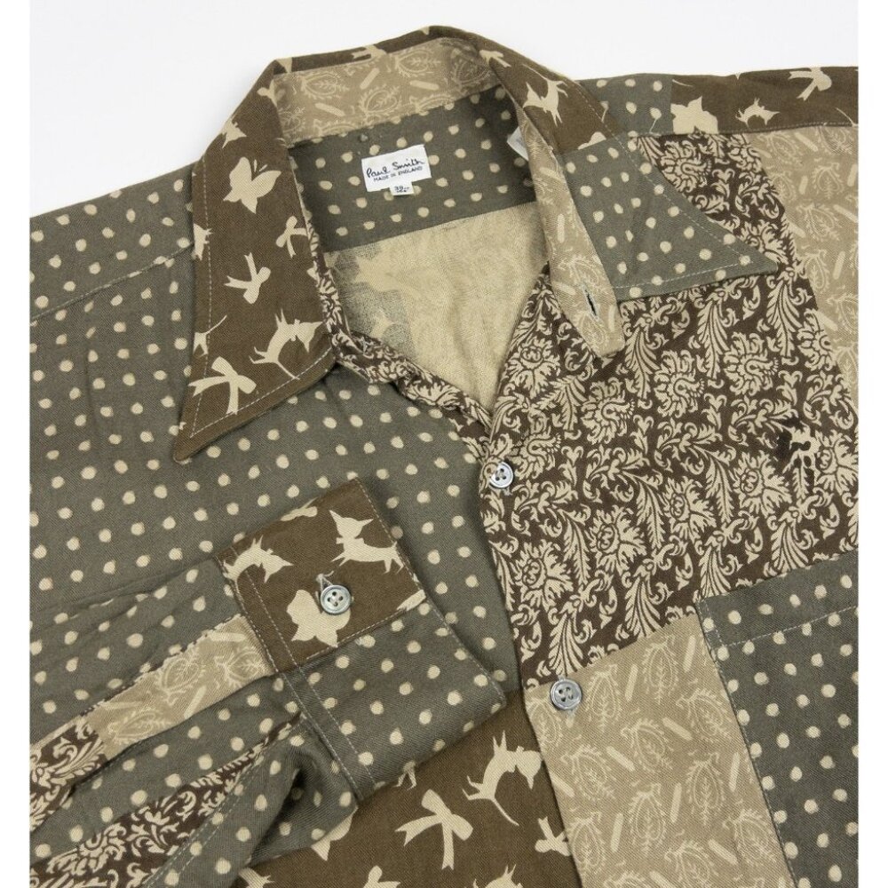 Paul Smith Patchwork Rayon Shirt Men's 15.5 (M) Made in England Dot Brown Green